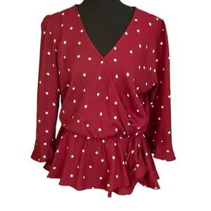 Everly Women’s Wrap Around Low cut 3/4 Sleeve Polka-Dot Blouse/Top